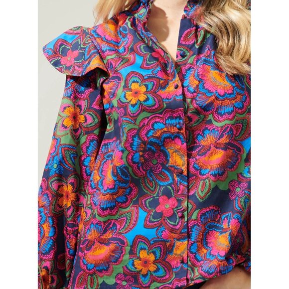 Sugarlips Raveena Midnight Malbec Ruffle Button Up Poplin Blouse Women’s Size XL - Picture 6 of 15
